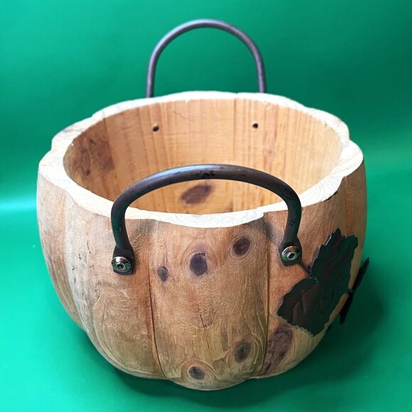 Rustic Handmade Wood Pumpkin Bowl Basket Metal Leaf Handles Fall Farmhouse - Picture 2 of 12